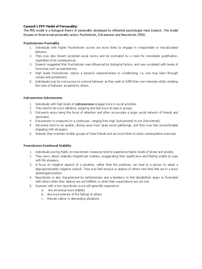 Understanding Eysenck's PEN Model | PDF | Extraversion And Introversion ...
