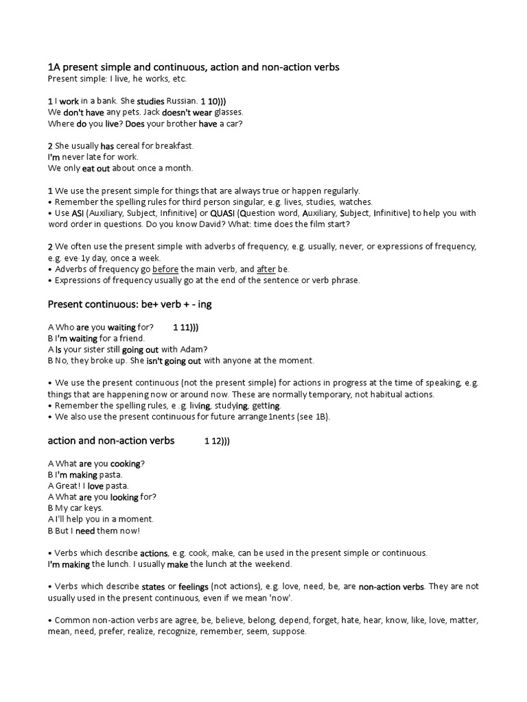 Present Simple vs. Continuous Verbs | PDF | Subject (Grammar) | Lunch