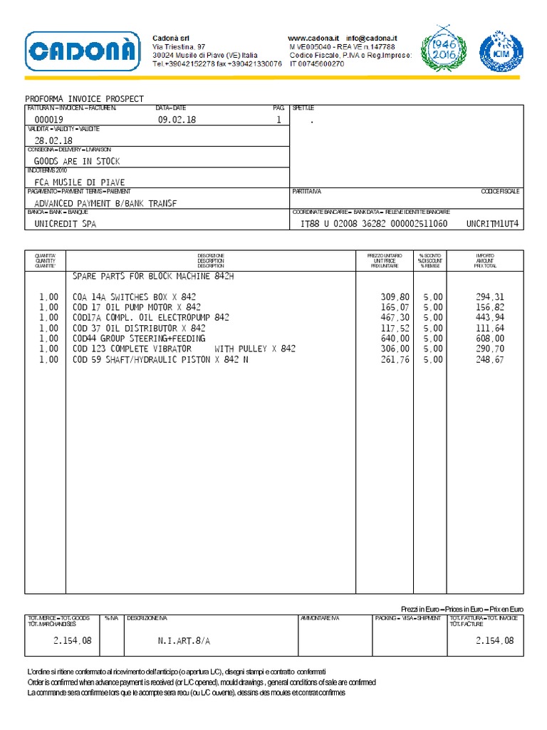 Proforma Invoice for Block Machine Parts | PDF | Internal Combustion ...