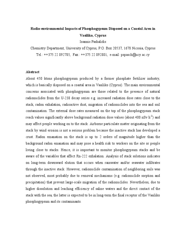 RadioEnvironmental Impacts of Phosphogypsum Disposed On A Coastal Area