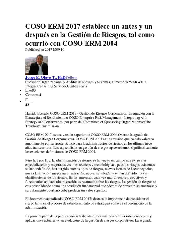 COSO ERM 2017 Establece Un Antes y Un Después en La Gestión de Riesgos ...
