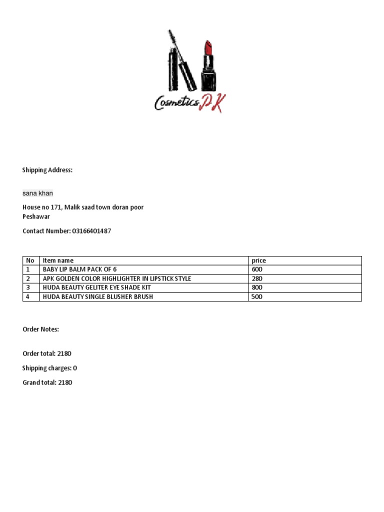 Order Summary for Beauty Products | PDF