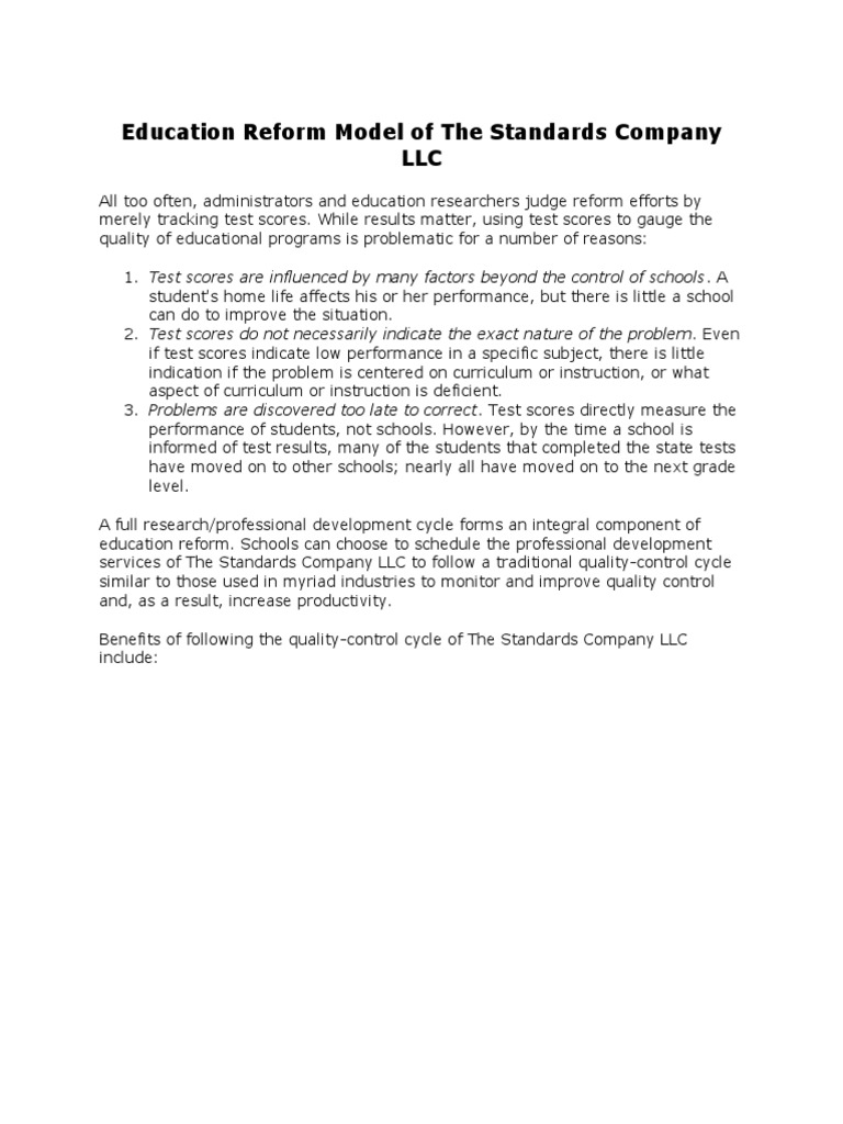 Education Reform Model of The Standards Company LLC PDF Education