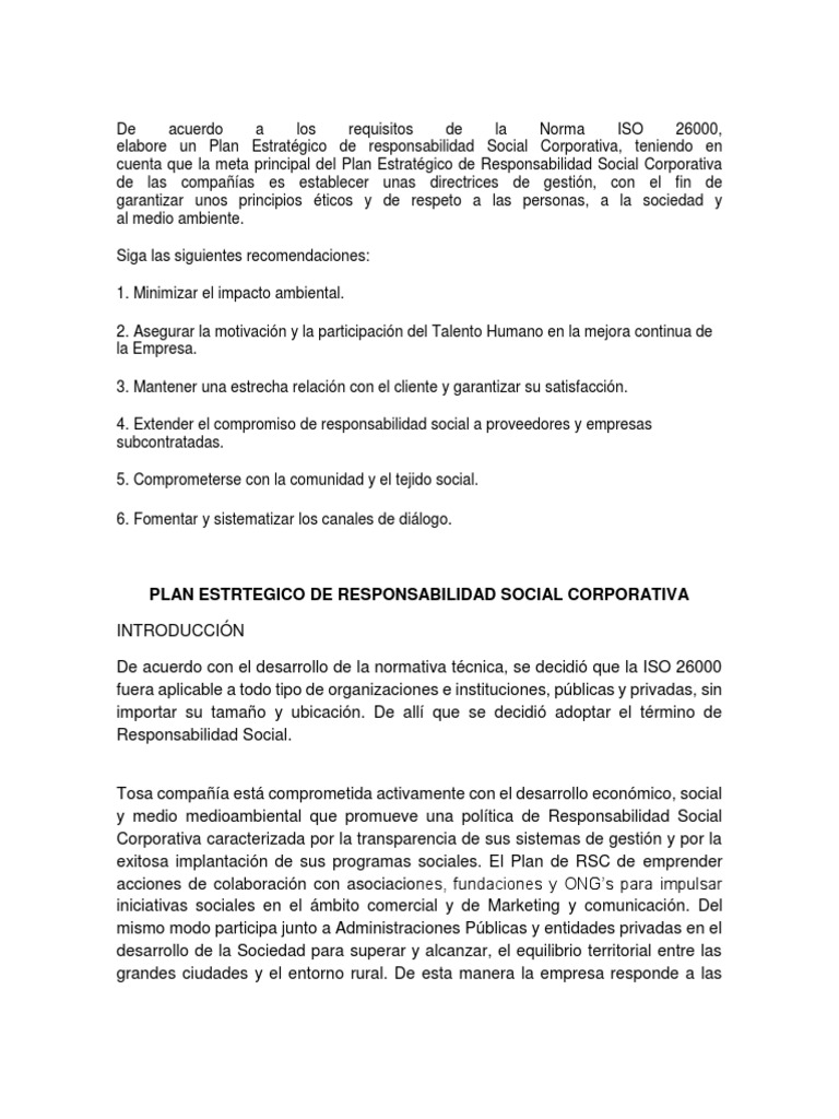Plan Estratégico de RSC según ISO 26000 | PDF | Responsabilidad social ...