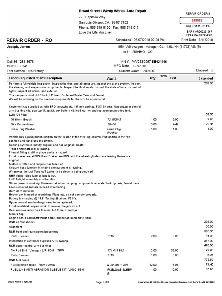 84 Vanagon BroadStreet Automotive Invoice | PDF | Suspension (Vehicle ...