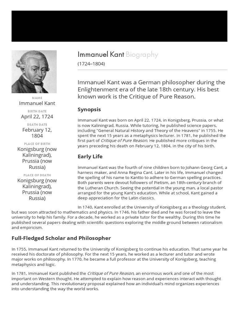 Immanuel Kant, Biography, Philosophy, Books, & Facts