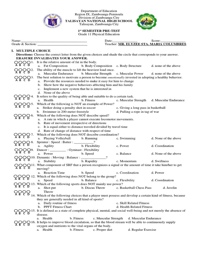 Grade 11 PE 1st Semester Pre-Test | PDF | Muscle | Strength Training