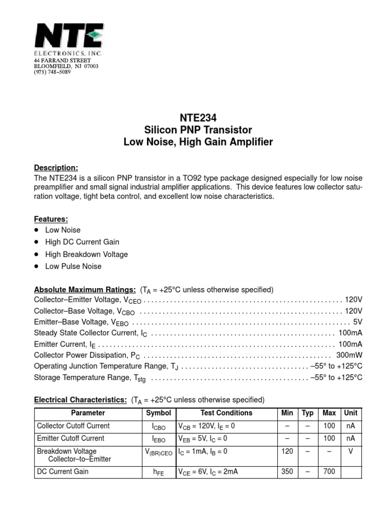 NTE234 Silicon PNP Transistor Low Noise, High Gain Amplifier PDF