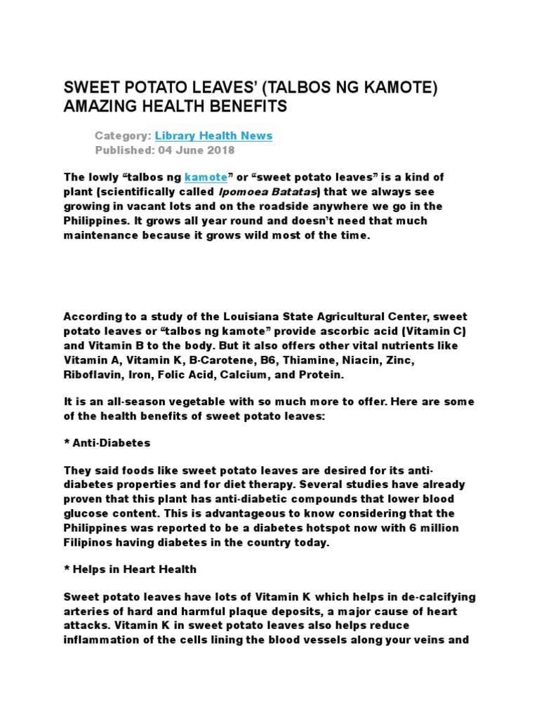 Sweet Potato Leaves PDF Vitamin Osteoporosis