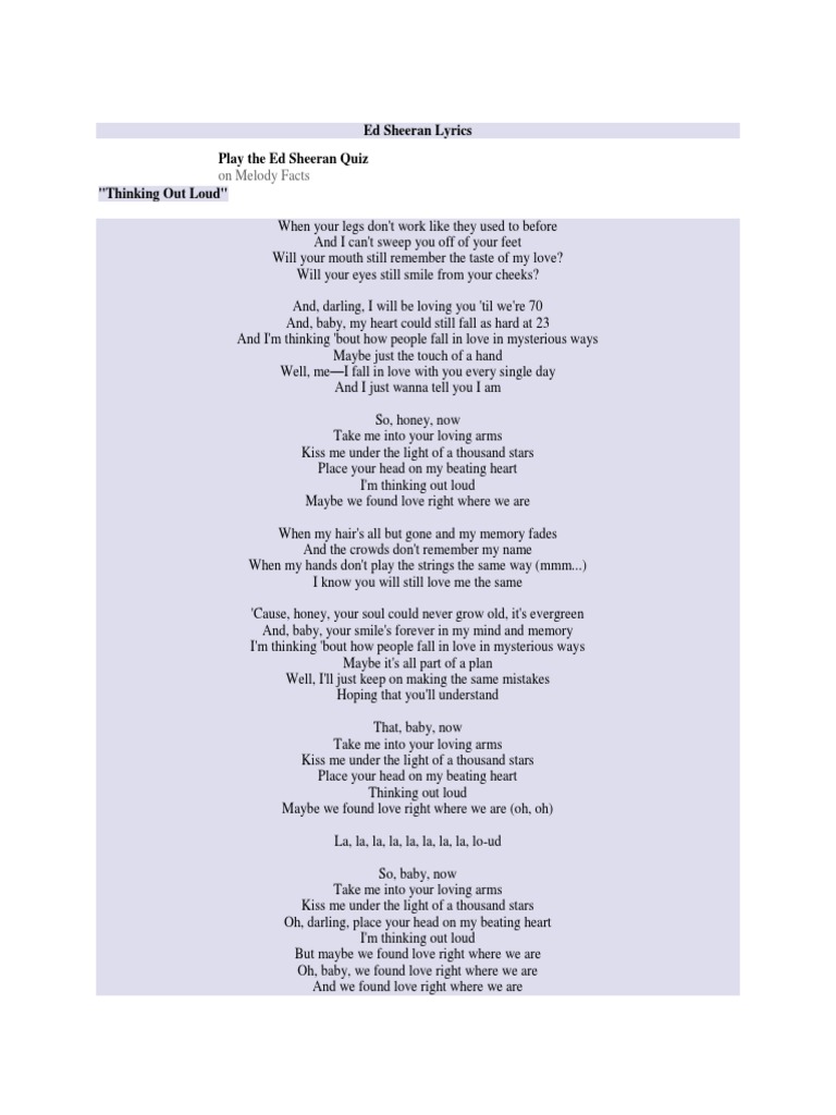 1 Ed Sheeran Lyrics Thingking Out Loud Recorded Music