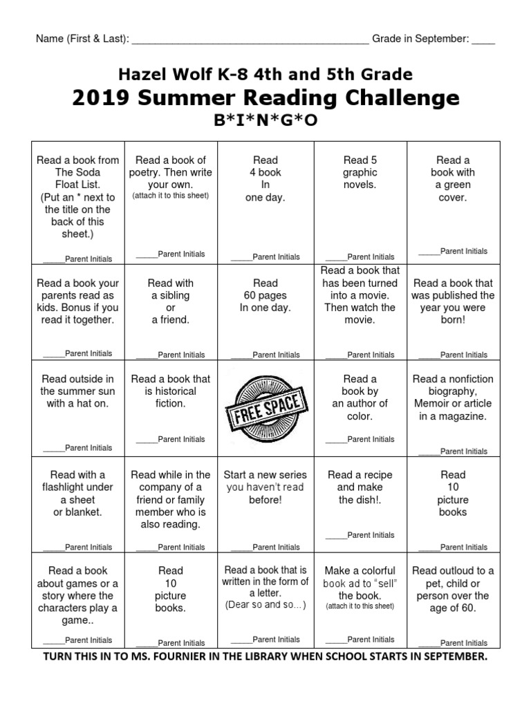 2019 Summer Reading Challenge: Hazel Wolf K-8 4th and 5th Grade B I N G ...
