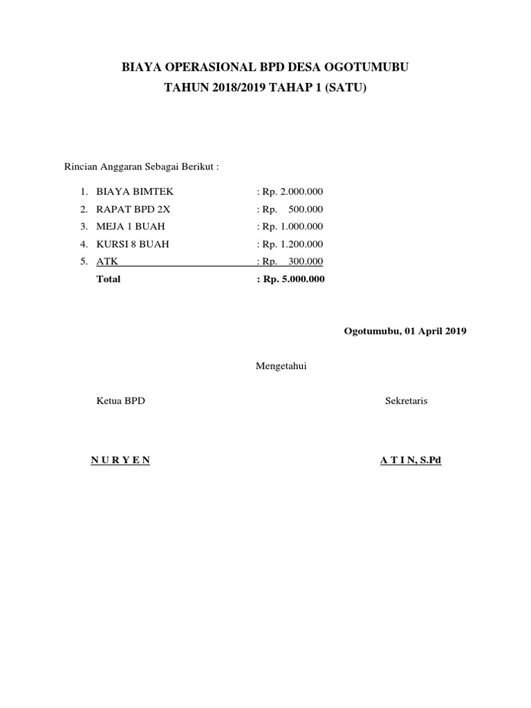 Rincian Biaya Operasional BPD Ogotumubu | PDF