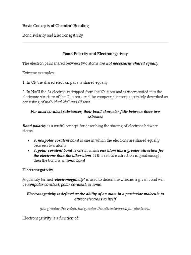 Basic Concepts of Chemical Bonding | PDF | Chemical Polarity | Covalent ...
