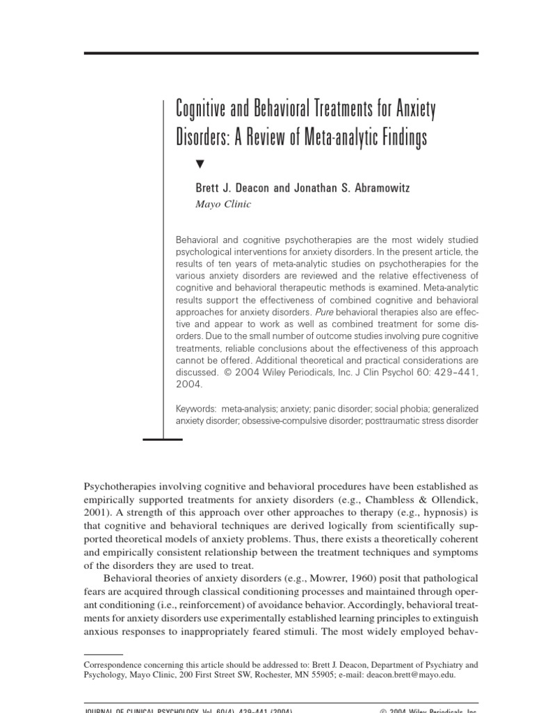 Cognitive and Behavioral Treatments For Anxiety | PDF