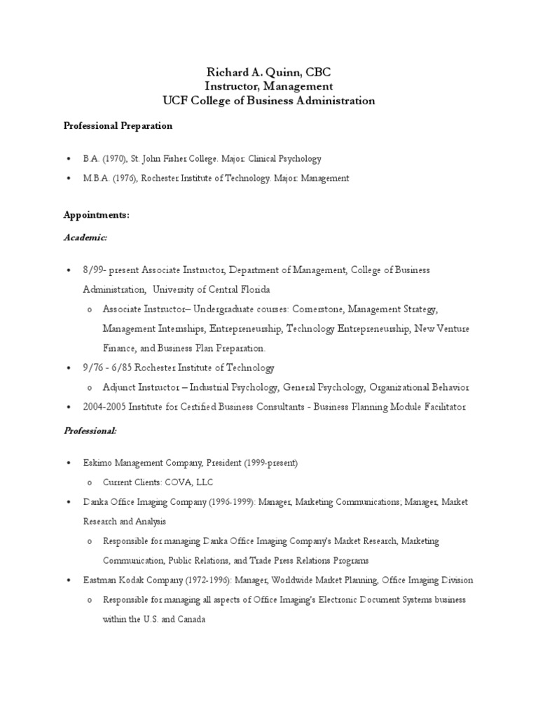 Richard Quinn UCF Instructor Management Experience PDF