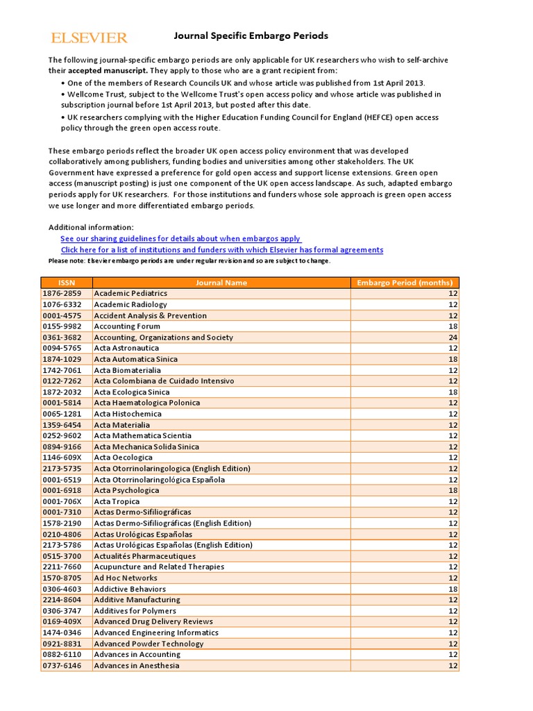 UK Embargo Periods PDF Open Access Elsevier