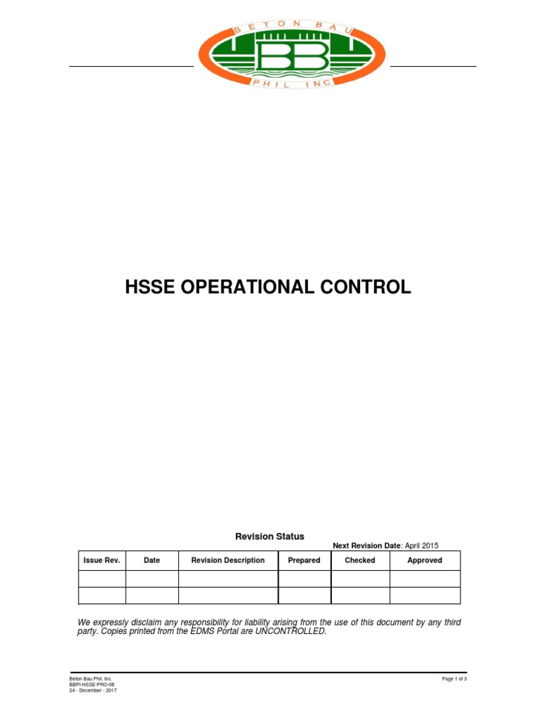HSSE Operational Control Procedures | PDF | Risk Management | Safety