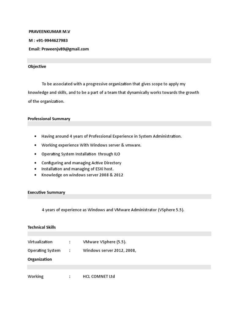 Windows & VMware Administrator Resume | PDF | V Mware | Virtual Machine