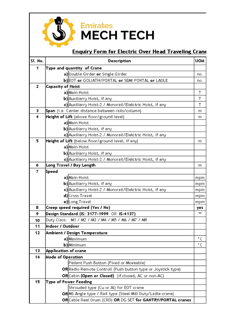 EOT Crane Enquiry Form | PDF | Crane (Machine) | Equipment
