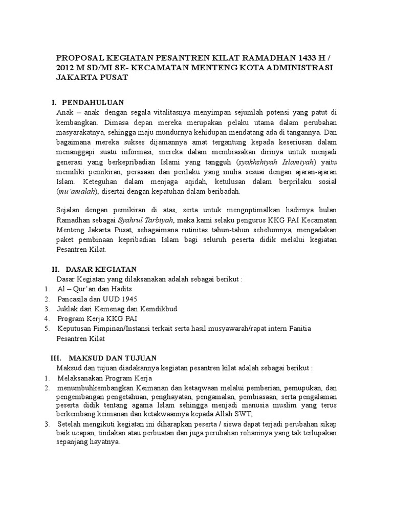 Proposal Kegiatan Pesantren Kilat Ramadhan 1440 H