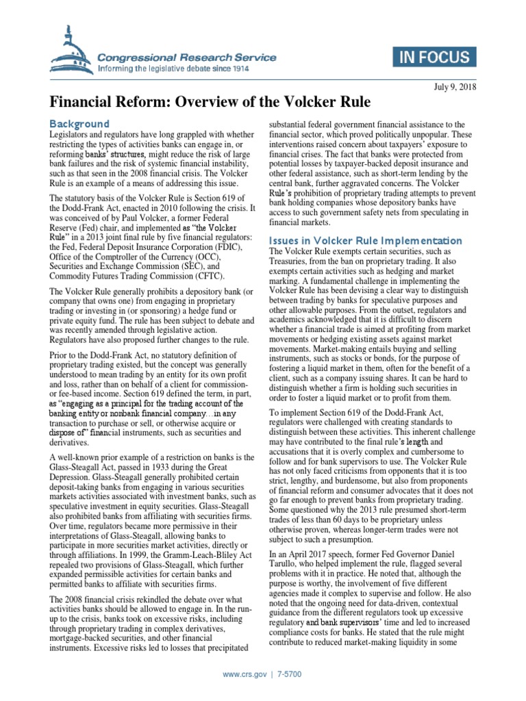 Financial Reform Overview of The Volcker Rule Background PDF