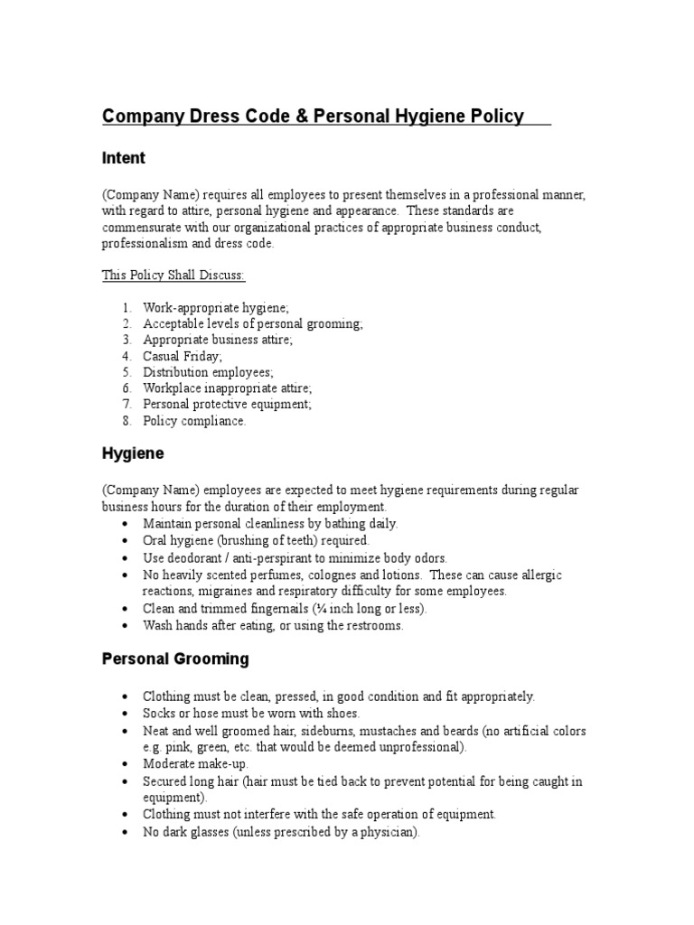 Company Dress Code and Personal Hygiene Policy PDF Clothing Hygiene