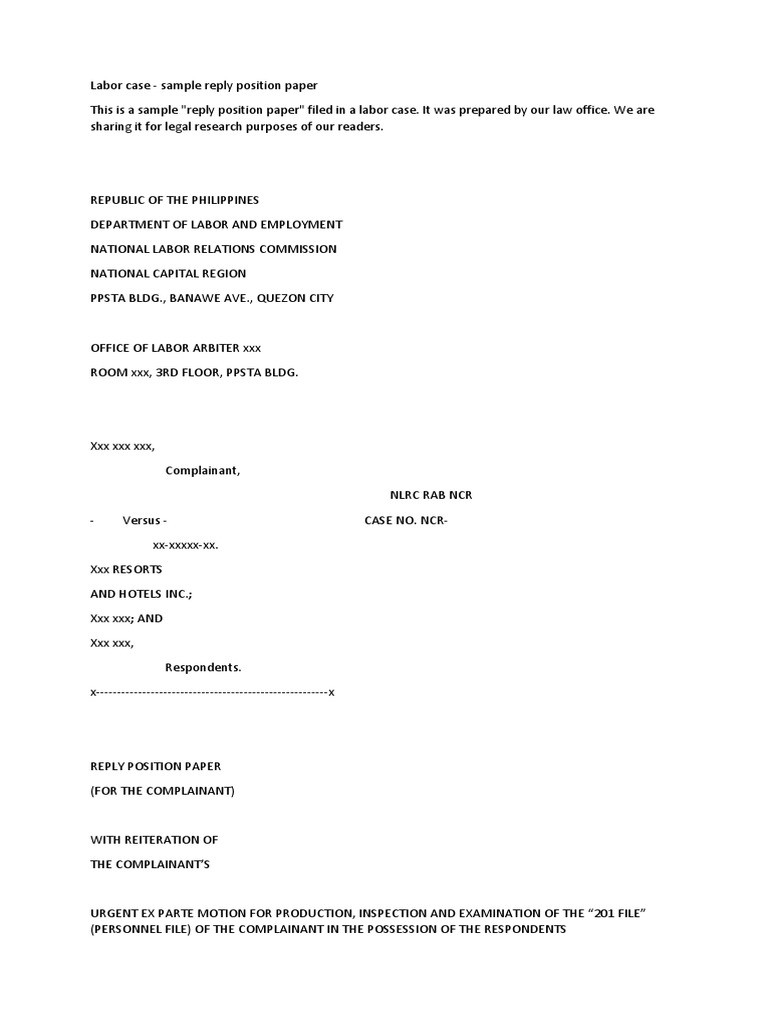 Reply Position Paper For The Complainant | PDF | Collective Bargaining ...