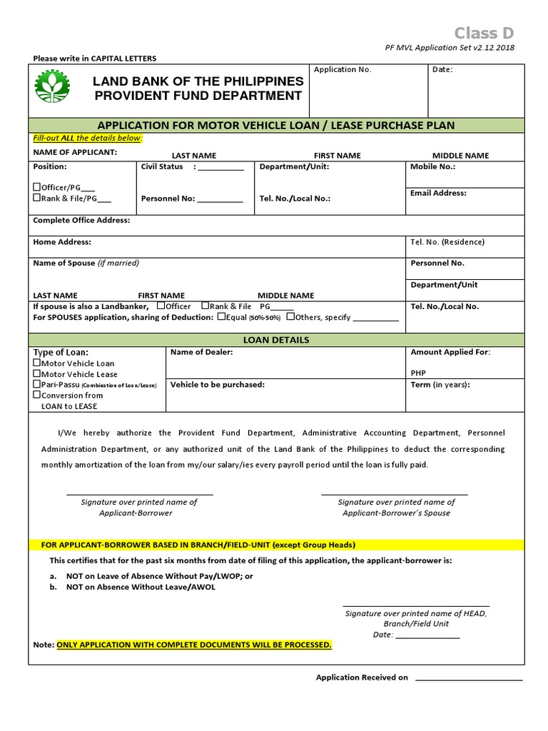 LAND BANK MOTOR VEHICLE LOAN APPLICATION | PDF | Credit | Finance ...