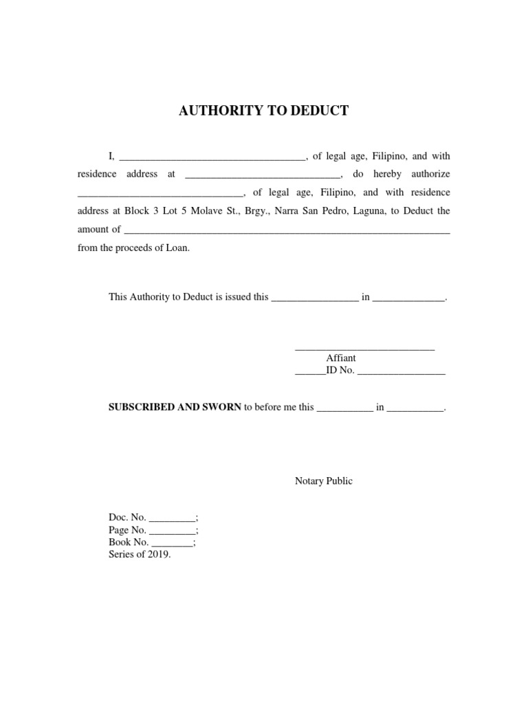 Authority To Deduct Blank | PDF