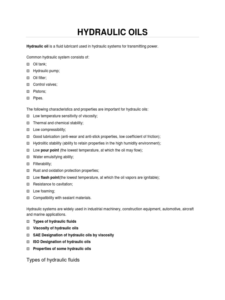 A Comprehensive Overview of Hydraulic Oils Their Properties
