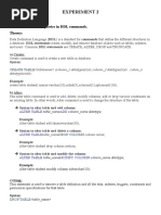 Experiment 2: AIM: To Execute The Queries in DDL Commands. Theory