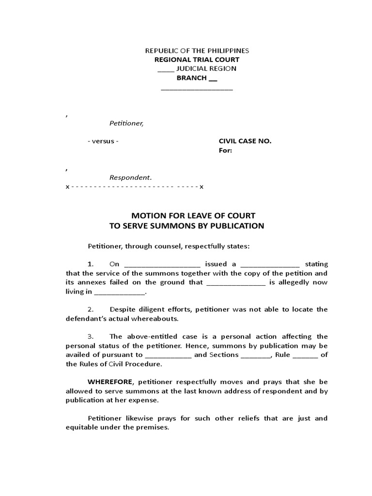 Motion for Leave to Serve Summons by Publication | PDF