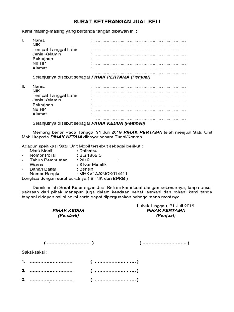 Surat Keterangan Jual Beli Mobil | PDF