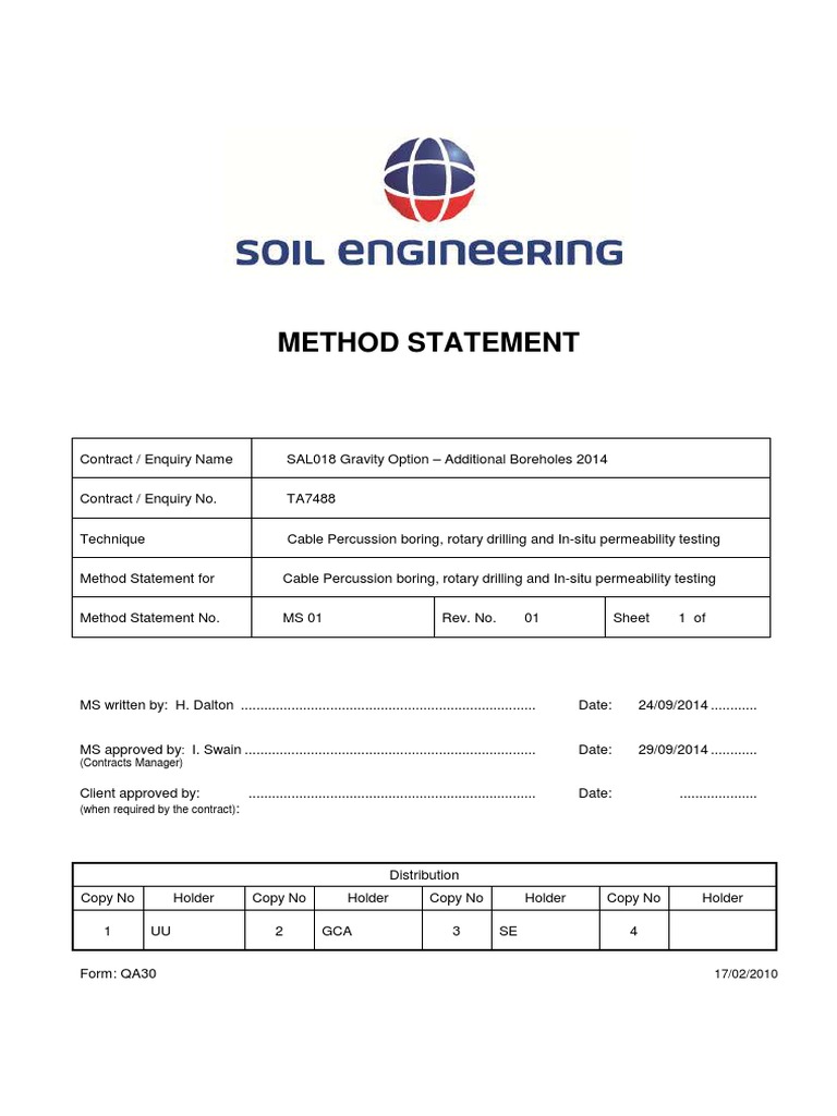 Method Statement (Contracts Manager) Drilling Rig Borehole