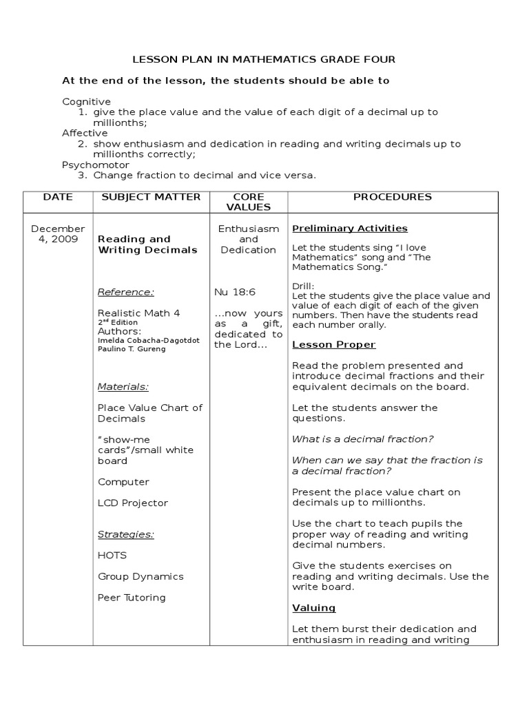 Lesson Plan in Mathematics Grade Four at The End of The Lesson, The ...