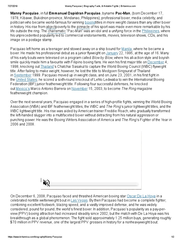 Manny Pacquiao Biography, Facts, & Notable Fights PDF Combat