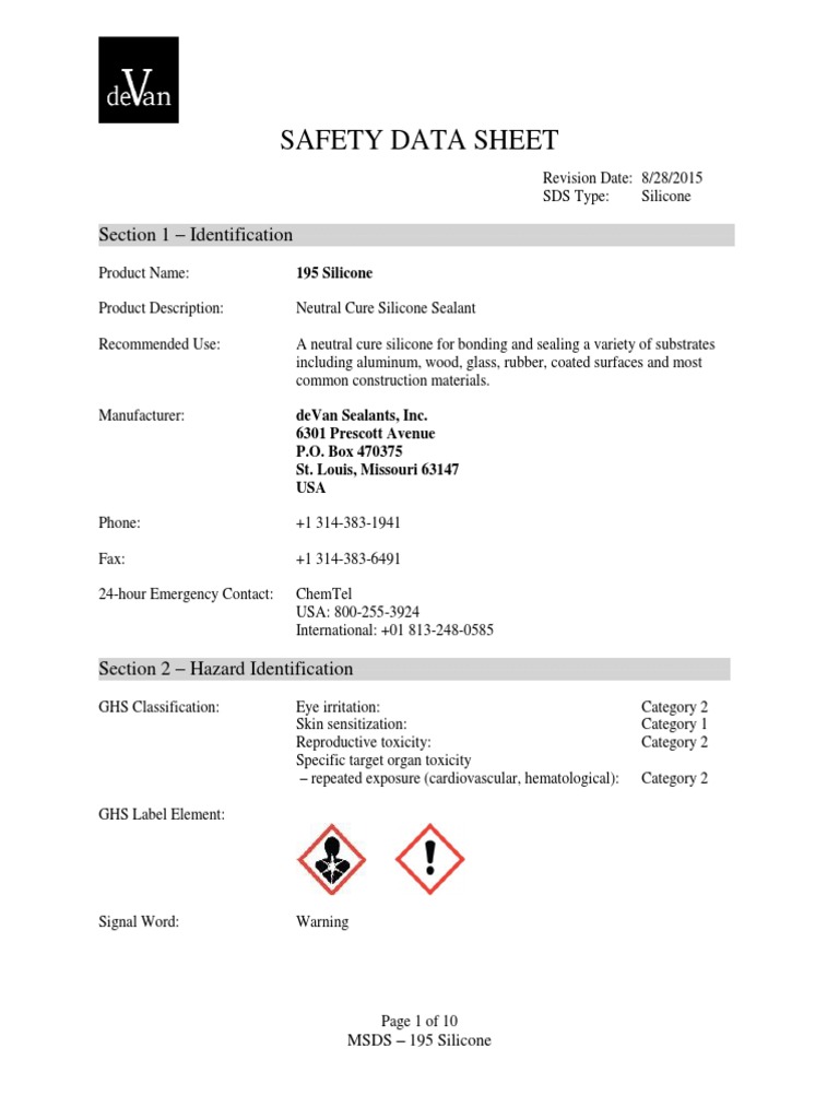 195 Neutral Cure Silicone Sealant SDS PDF Dangerous Goods Safety