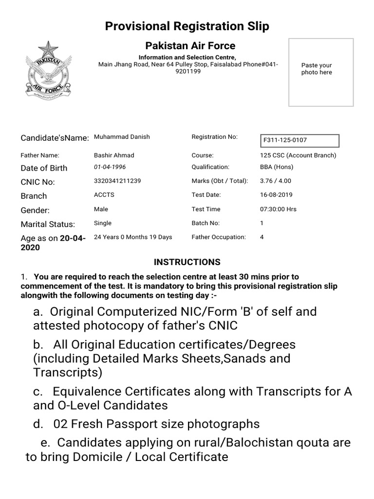 Provisional Registration Slip Pakistan Air Force PDF