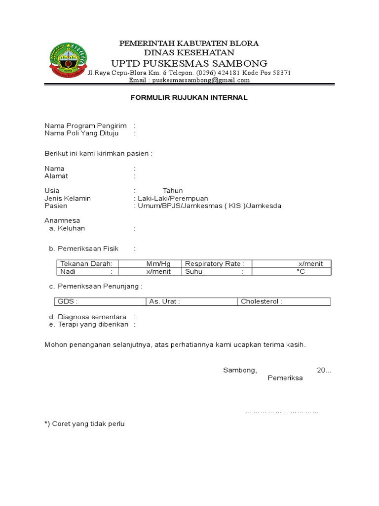 Formulir Rujukan Internal Puskesmas Sambong | PDF