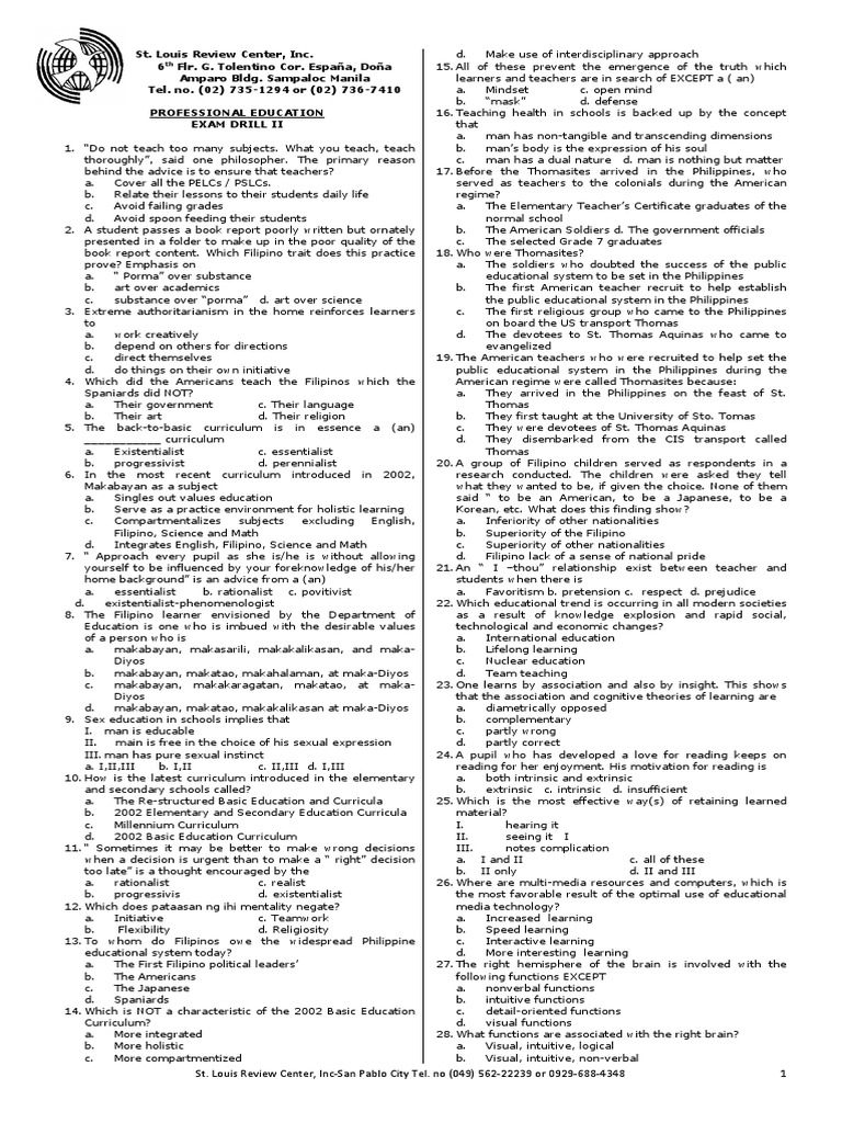 SLRC LET Exam Review Questions | PDF | Reading Comprehension | Teachers