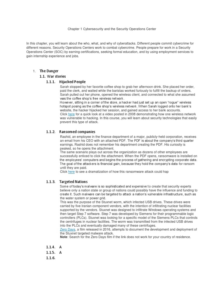 Chapter 1 Cybersecurity And The Security Operations Center Pdf