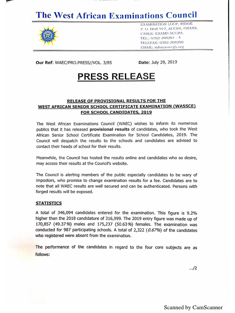 2019 Wassce Results Summary by Waec | PDF