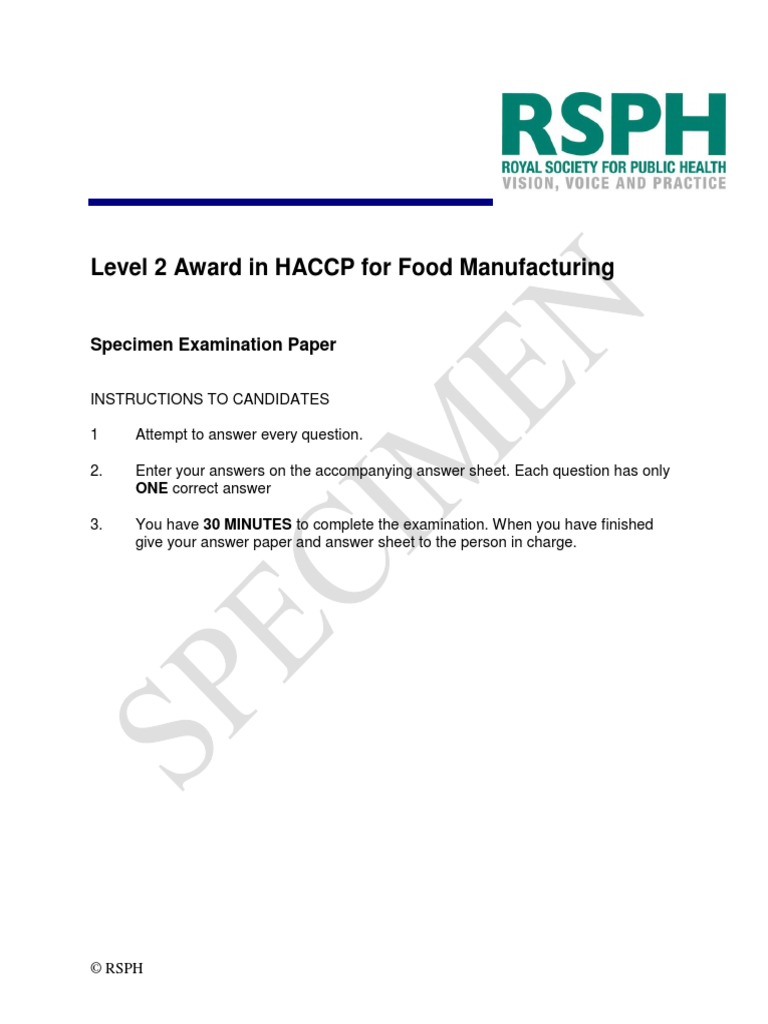 Level 2 Award in HACCP For Food Manufacturing Specimen Examination Paper Download Free PDF