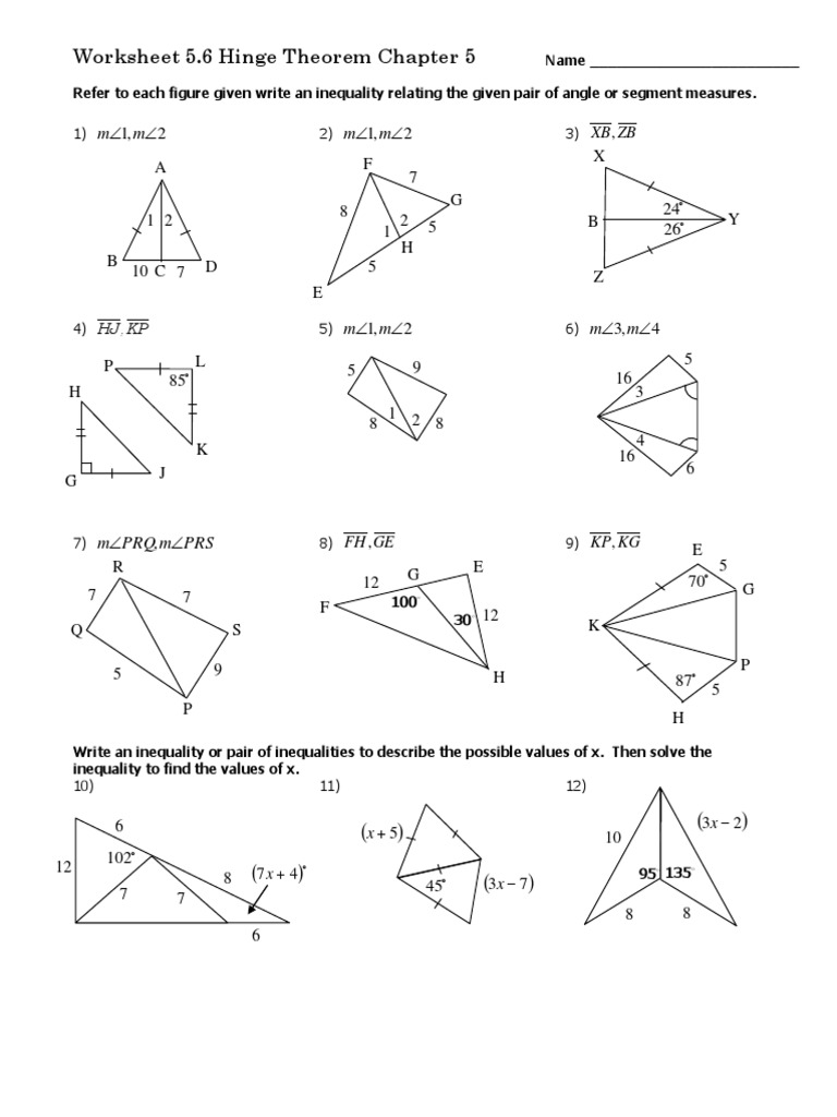 Worksheet 5.6 Hinge Theorem Physics & Mathematics Mathematics