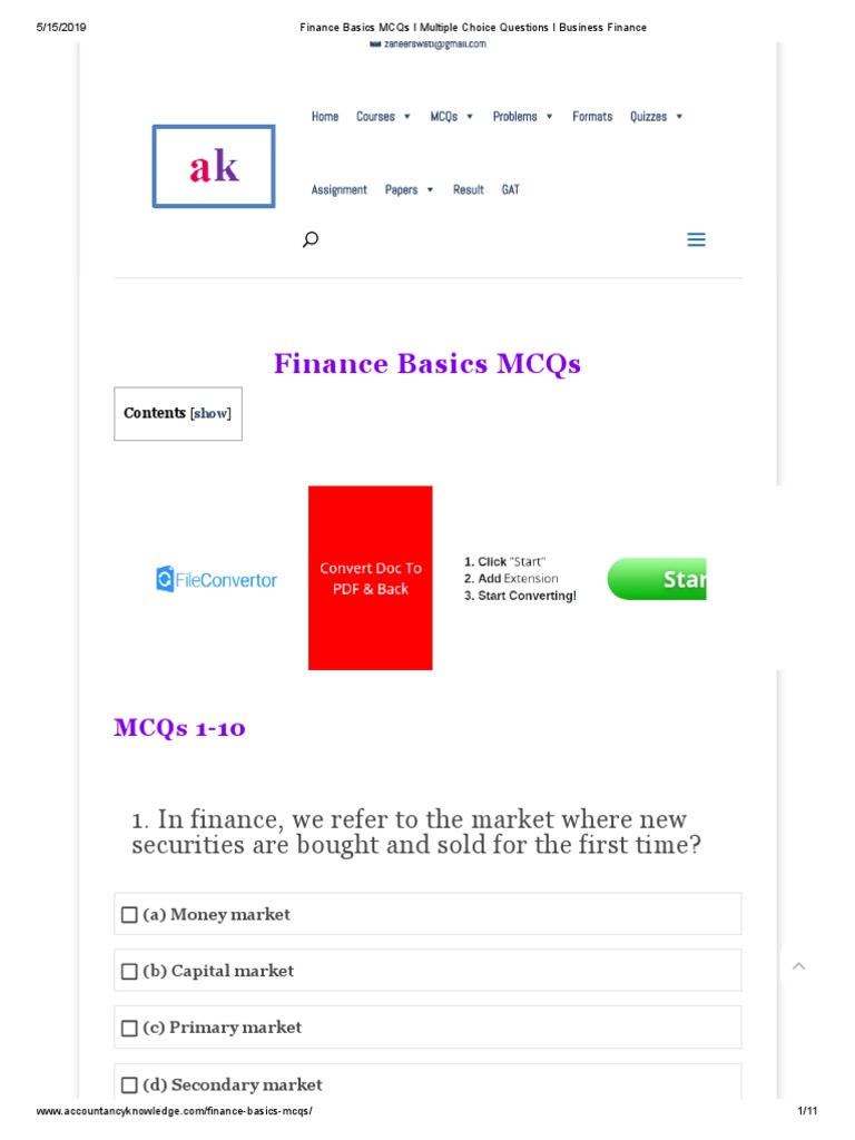 Finance Basics MCQs for Business Students | PDF | Financial Markets ...