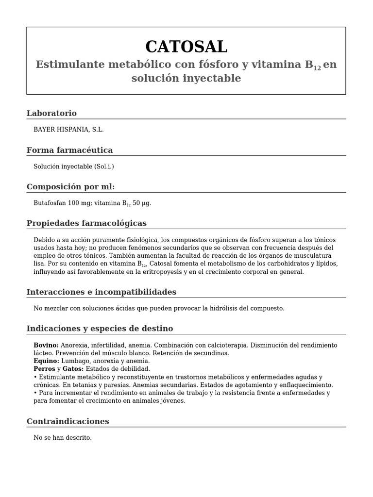Bayer Catosal Solucion Inyectable para Bovino Equino Perro y Gato 100 ...