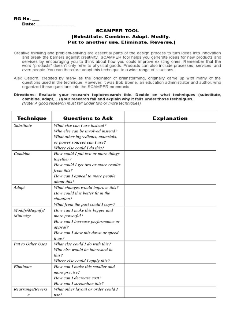 SCAMPER Sheet | PDF | Brainstorming | Creativity