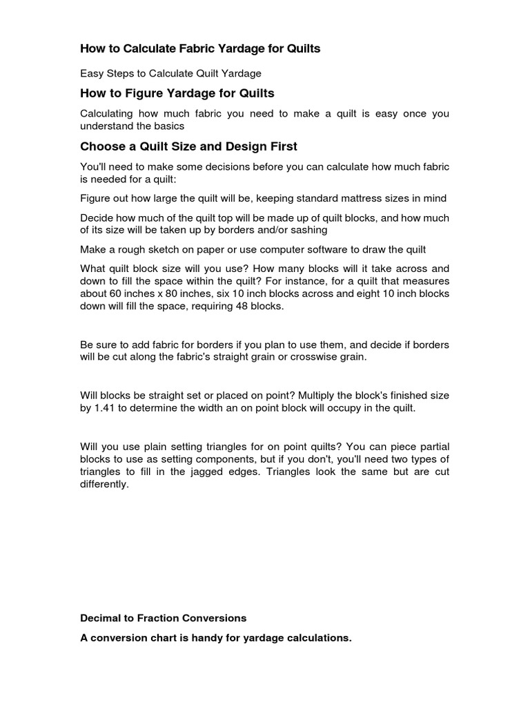 How To Calculate Fabric Yardage For Quilts PDF Quilting Quilt