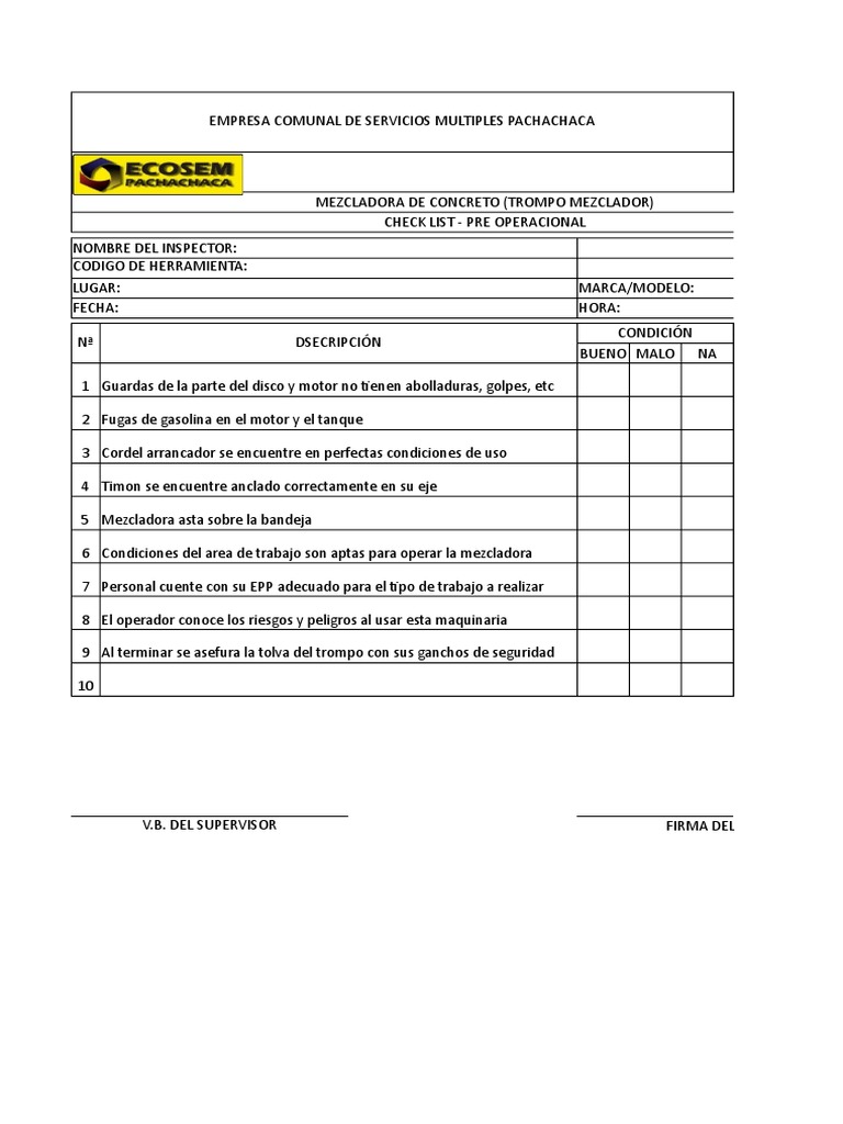 Check List de Mezcladora | PDF