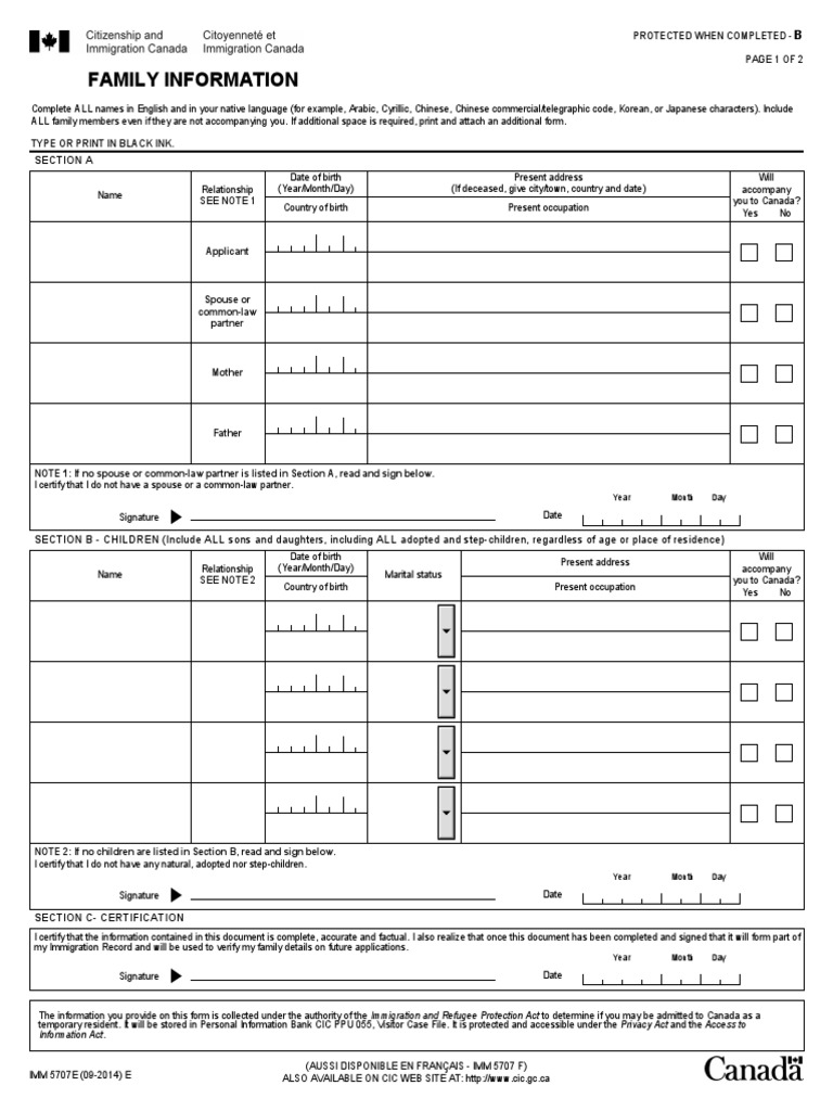 Family Information Form Imm 5707e